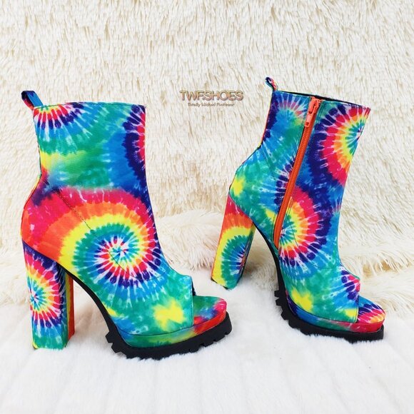 Mata Shoes Shoes - Trippin Colorful Tie Dye Open Toe Chunky Platform Heel Ankle Boots